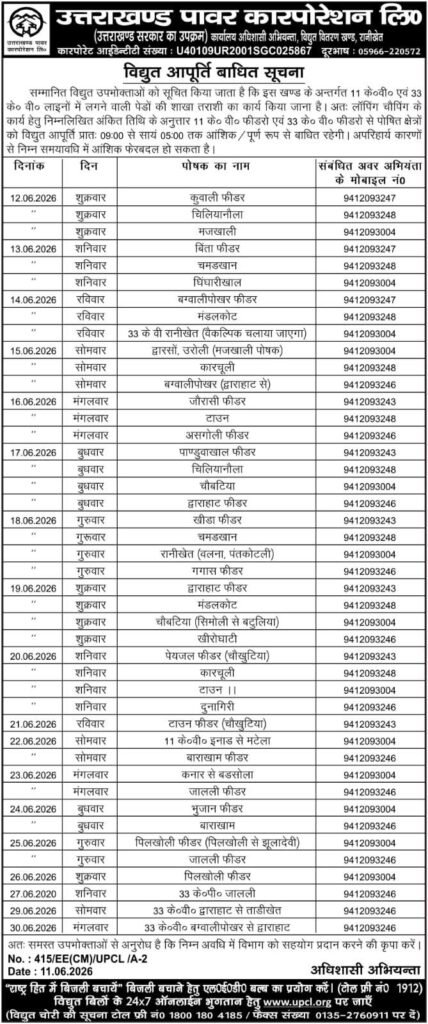 30 जून तक रानीखेत, द्वाराहाट, चौखुटिया, ताड़ीखेत के अलग अलग इलाको में विद्युत् आपूर्ति रहेगी बाधित।