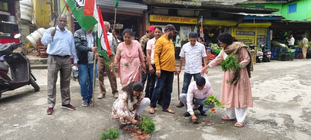 रानीखेत में बीच सड़क पर पौधरोपण कर कांग्रेस ने बदहाल सडकों पर जताया विरोध, सरकार के विकास दावों पर उठाए सवाल।